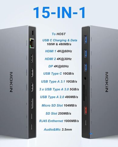 Mokin USB C station 3 شاشات مع 2 HDMI ، DisplayPort ، USB A 3.1/3.0/2.0 ، USB C ، SD & Micro SD Slot ، Ethernet ، شحن PD لـ Dell XPS/HP/Lenovo ThinkPad/Asus/Microsoft Surface/Google in Kuwait