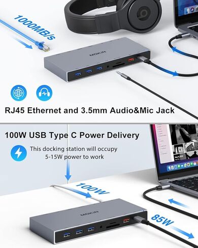 Mokin USB C station 3 شاشات مع 2 HDMI ، DisplayPort ، USB A 3.1/3.0/2.0 ، USB C ، SD & Micro SD Slot ، Ethernet ، شحن PD لـ Dell XPS/HP/Lenovo ThinkPad/Asus/Microsoft Surface/Google in Kuwait