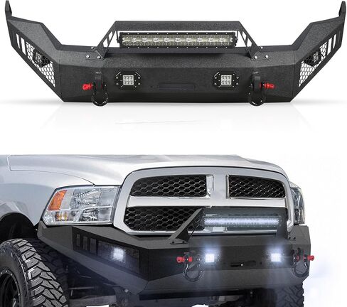 Off Road Front Bumper Fits for RAM 1500 2013-2018, Full Width Front Bumper 5 Lights D-Rings, Bull Bar Built-in Winch Plate Heavy Duty Steel, Textured Black Steel Bumper in Saudi Arabia