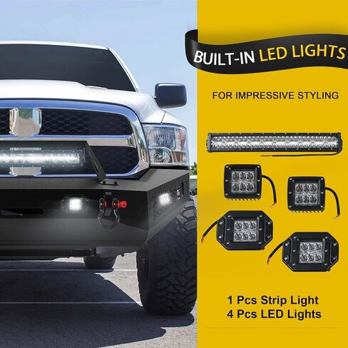Off Road Front Bumper Fits for RAM 1500 2013-2018, Full Width Front Bumper 5 Lights D-Rings, Bull Bar Built-in Winch Plate Heavy Duty Steel, Textured Black Steel Bumper in Saudi Arabia