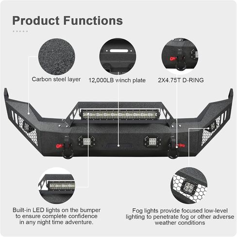 Off Road Front Bumper Fits for RAM 1500 2013-2018, Full Width Front Bumper 5 Lights D-Rings, Bull Bar Built-in Winch Plate Heavy Duty Steel, Textured Black Steel Bumper in Saudi Arabia