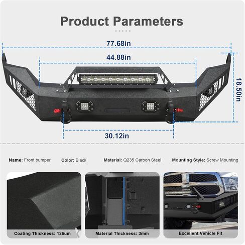 Off Road Front Bumper Fits for RAM 1500 2013-2018, Full Width Front Bumper 5 Lights D-Rings, Bull Bar Built-in Winch Plate Heavy Duty Steel, Textured Black Steel Bumper in Saudi Arabia