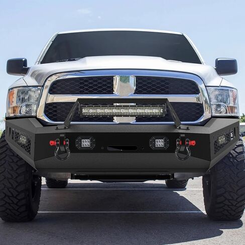 Off Road Front Bumper Fits for RAM 1500 2013-2018, Full Width Front Bumper 5 Lights D-Rings, Bull Bar Built-in Winch Plate Heavy Duty Steel, Textured Black Steel Bumper in Saudi Arabia