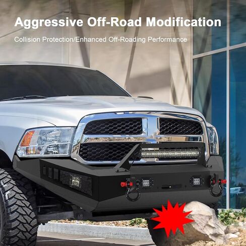 Off Road Front Bumper Fits for RAM 1500 2013-2018, Full Width Front Bumper 5 Lights D-Rings, Bull Bar Built-in Winch Plate Heavy Duty Steel, Textured Black Steel Bumper in Saudi Arabia