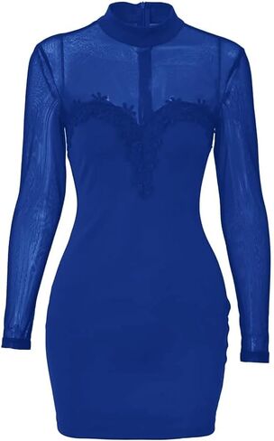 Womens Long Sleeve Bodycon Mini Dress Mock Neck Sheer Mesh Patch Night Out Party Short Dress in Kuwait