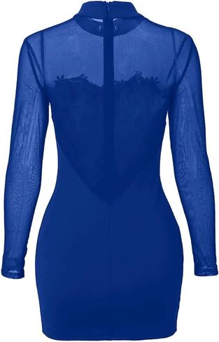 Womens Long Sleeve Bodycon Mini Dress Mock Neck Sheer Mesh Patch Night Out Party Short Dress in Kuwait