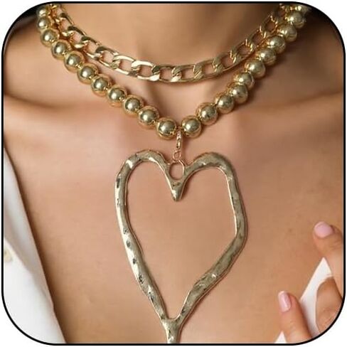 Big Heart Necklace Stack Womens Gold Chunky Statement Large Bulky Silver Hearts Charm Pendant Bold Layered Thick Chain Necklaces for Women Trendy in Kuwait