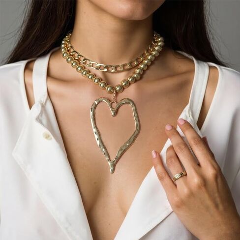 Big Heart Necklace Stack Womens Gold Chunky Statement Large Bulky Silver Hearts Charm Pendant Bold Layered Thick Chain Necklaces for Women Trendy in Kuwait