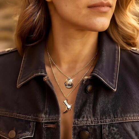Jean Beau Cowboy Hat Boot Pendant Necklace for Women, Gold Silver Layer Dainty Western Cowgirl Charm Chain Necklaces Jewelry Gift in Saudi Arabia
