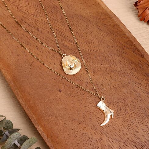 Jean Beau Cowboy Hat Boot Pendant Necklace for Women, Gold Silver Layer Dainty Western Cowgirl Charm Chain Necklaces Jewelry Gift in Saudi Arabia