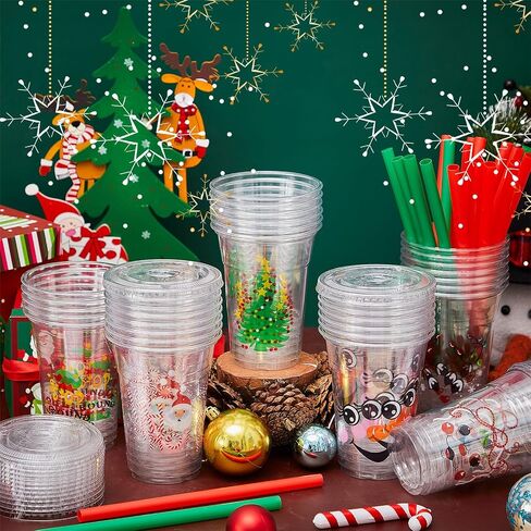 Zhehao 50 Set Christmas Plastic Cups Bulk Clear Disposable Christmas Cups with Lids and Straws Santa Snowman Xmas Tree Holiday Cup for Xmas Party Cold Beverages Juice Coffee Drinks Supplies(16 oz) in Saudi Arabia