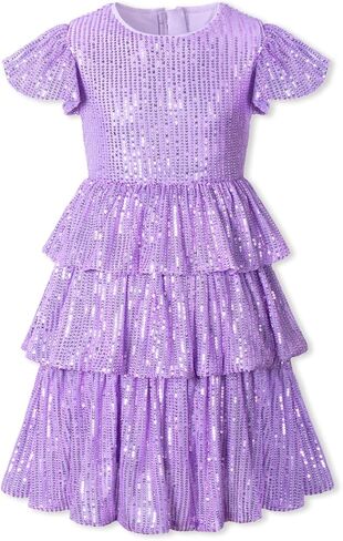 WELAKEN Girls Sequin Dress Glittering Flutter Sleeve Tiered Layer Birthday Party Dresses in Kuwait