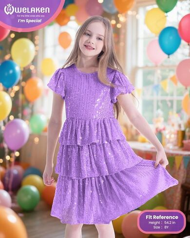 WELAKEN Girls Sequin Dress Glittering Flutter Sleeve Tiered Layer Birthday Party Dresses in Kuwait