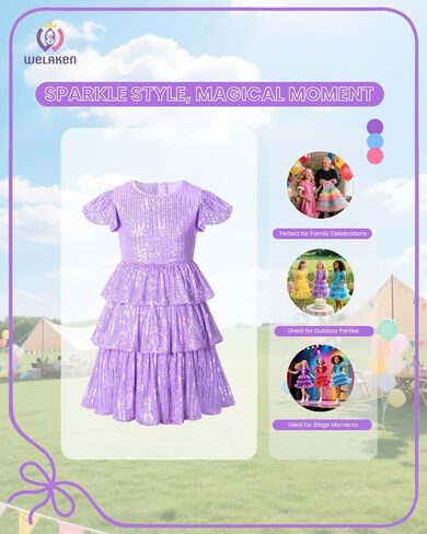 WELAKEN Girls Sequin Dress Glittering Flutter Sleeve Tiered Layer Birthday Party Dresses in Kuwait