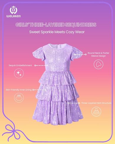 WELAKEN Girls Sequin Dress Glittering Flutter Sleeve Tiered Layer Birthday Party Dresses in Kuwait