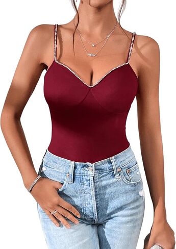 SOLY HUX Women's Rhinestone Cami Top V Neck Spaghetti Strap Slim Fit Camisole Summer Tops in Saudi Arabia