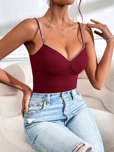 SOLY HUX Women's Rhinestone Cami Top V Neck Spaghetti Strap Slim Fit Camisole Summer Tops in Saudi Arabia