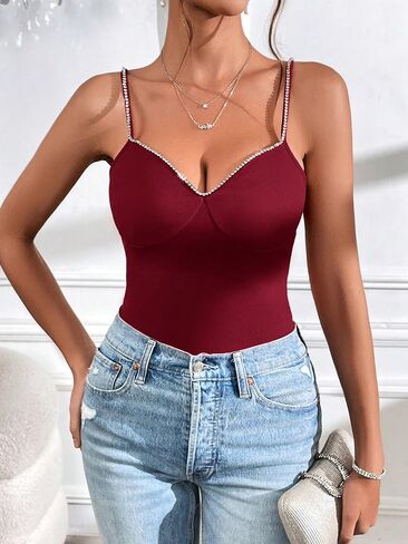 SOLY HUX Women's Rhinestone Cami Top V Neck Spaghetti Strap Slim Fit Camisole Summer Tops in Saudi Arabia