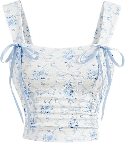 MakeMeChic Women's Floral Bow Wide Strap Cami Top Ruched Sleeveless Tank Crop Tops in Saudi Arabia
