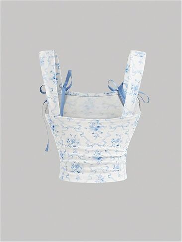 MakeMeChic Women's Floral Bow Wide Strap Cami Top Ruched Sleeveless Tank Crop Tops in Saudi Arabia