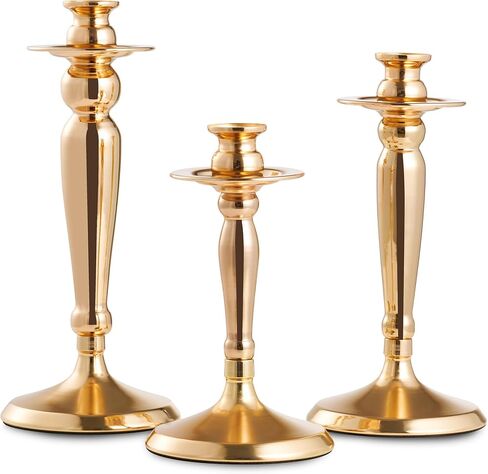 3PCS Candle Holder Set - Gold Candlestick Holders for Taper & Pillar Candles, Decorative Centerpiece for Dining Table, Wedding, Home Decor, Fits 3/4" Thick Candles (Incl. LED), CH-18 in Kuwait