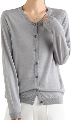 100 ٪ Merino Wool Crew Neck Cardigan Sweater أعلى زر طويل الأكمام أسفل 2025 in Kuwait