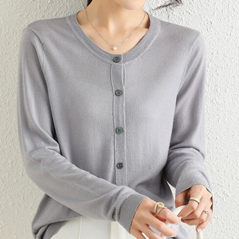 100 ٪ Merino Wool Crew Neck Cardigan Sweater أعلى زر طويل الأكمام أسفل 2025 in Kuwait