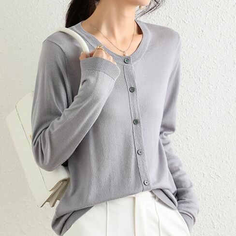 100 ٪ Merino Wool Crew Neck Cardigan Sweater أعلى زر طويل الأكمام أسفل 2025 in Kuwait