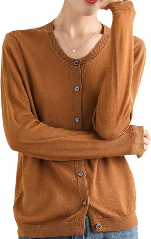 100 ٪ Merino Wool Crew Neck Cardigan Sweater أعلى زر طويل الأكمام أسفل 2025 in Kuwait