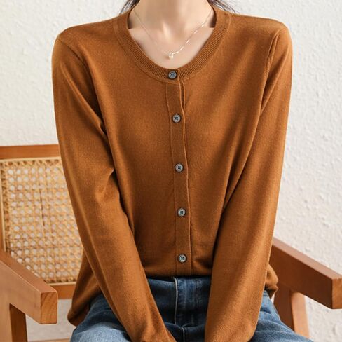 100 ٪ Merino Wool Crew Neck Cardigan Sweater أعلى زر طويل الأكمام أسفل 2025 in Kuwait