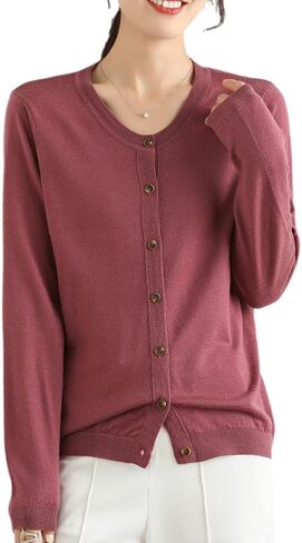 100 ٪ Merino Wool Crew Neck Cardigan Sweater أعلى زر طويل الأكمام أسفل 2025 in Kuwait