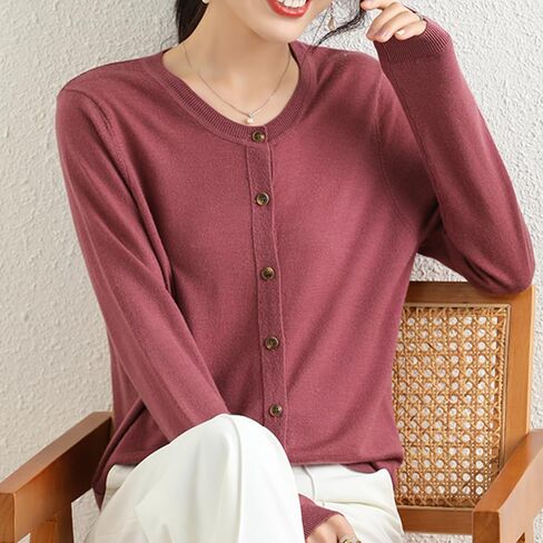 100 ٪ Merino Wool Crew Neck Cardigan Sweater أعلى زر طويل الأكمام أسفل 2025 in Kuwait