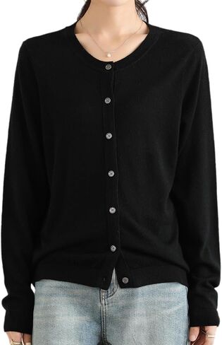 100 ٪ Merino Wool Crew Neck Cardigan Sweater أعلى زر طويل الأكمام أسفل 2025 in Kuwait