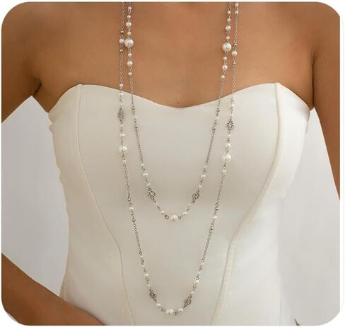 2Pcs Layered Pearl Long Chain Necklace for Women,Fashionable Exquisite Ethnic Beaded Statement Necklace,Bridal Wedding Pearl Jewelry Accessories Gifts in Kuwait