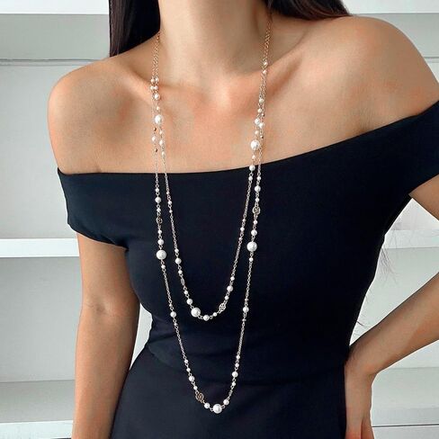 2Pcs Layered Pearl Long Chain Necklace for Women,Fashionable Exquisite Ethnic Beaded Statement Necklace,Bridal Wedding Pearl Jewelry Accessories Gifts in Kuwait