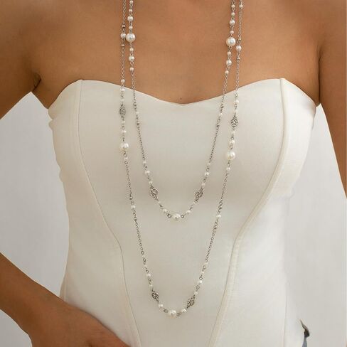 2Pcs Layered Pearl Long Chain Necklace for Women,Fashionable Exquisite Ethnic Beaded Statement Necklace,Bridal Wedding Pearl Jewelry Accessories Gifts in Kuwait