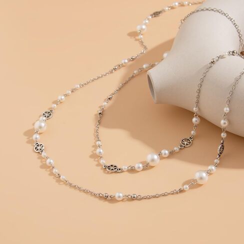 2Pcs Layered Pearl Long Chain Necklace for Women,Fashionable Exquisite Ethnic Beaded Statement Necklace,Bridal Wedding Pearl Jewelry Accessories Gifts in Kuwait