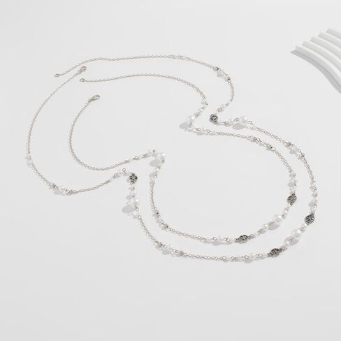 2Pcs Layered Pearl Long Chain Necklace for Women,Fashionable Exquisite Ethnic Beaded Statement Necklace,Bridal Wedding Pearl Jewelry Accessories Gifts in Kuwait