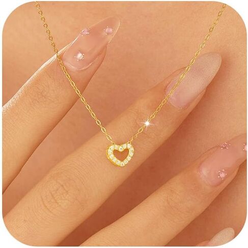 925 Sterling Silver CZ Heart Chain Necklace for Women 14K Gold Plated Cute Dainty Love Pendant Necklaces for Mom Daughter Hollw Heart Choker Wedding Season Halloween Gift Prom Brides Jewelry for Her in Kuwait