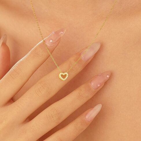 925 Sterling Silver CZ Heart Chain Necklace for Women 14K Gold Plated Cute Dainty Love Pendant Necklaces for Mom Daughter Hollw Heart Choker Wedding Season Halloween Gift Prom Brides Jewelry for Her in Kuwait
