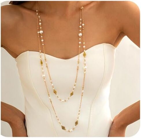 2Pcs Layered Pearl Long Chain Necklace for Women,Fashionable Exquisite Ethnic Beaded Statement Necklace,Bridal Wedding Pearl Jewelry Accessories Gifts in Kuwait