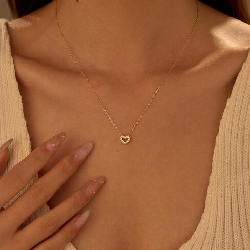 925 Sterling Silver CZ Heart Chain Necklace for Women 14K Gold Plated Cute Dainty Love Pendant Necklaces for Mom Daughter Hollw Heart Choker Wedding Season Halloween Gift Prom Brides Jewelry for Her in Kuwait