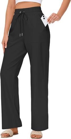 Women's Elastic Waist Linen Pants - 29"/31" High Waisted Wide Leg Cotton Casual Summer Beach Pants with Drawstring in Saudi Arabia