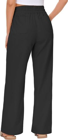 Women's Elastic Waist Linen Pants - 29"/31" High Waisted Wide Leg Cotton Casual Summer Beach Pants with Drawstring in Saudi Arabia