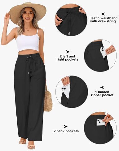 Women's Elastic Waist Linen Pants - 29"/31" High Waisted Wide Leg Cotton Casual Summer Beach Pants with Drawstring in Saudi Arabia