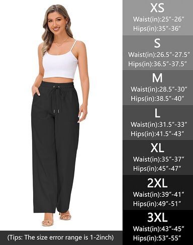 Women's Elastic Waist Linen Pants - 29"/31" High Waisted Wide Leg Cotton Casual Summer Beach Pants with Drawstring in Saudi Arabia