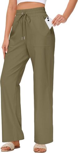 Women's Elastic Waist Linen Pants - 29"/31" High Waisted Wide Leg Cotton Casual Summer Beach Pants with Drawstring in Saudi Arabia