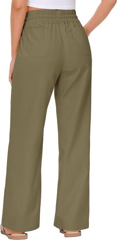Women's Elastic Waist Linen Pants - 29"/31" High Waisted Wide Leg Cotton Casual Summer Beach Pants with Drawstring in Saudi Arabia