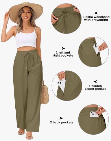 Women's Elastic Waist Linen Pants - 29"/31" High Waisted Wide Leg Cotton Casual Summer Beach Pants with Drawstring in Saudi Arabia