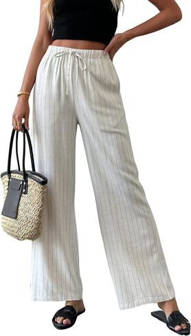 heipeiwa Women's Linen Pants Striped Summer Boho Straight Wide Leg Beach Lounge Casual Trousers in Saudi Arabia